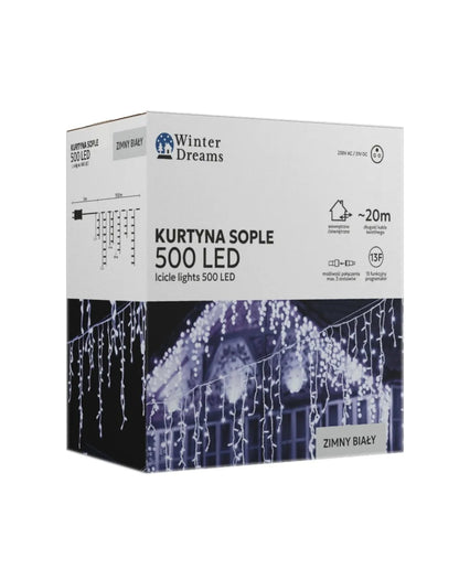 LED varveklių užuolaida, 500 LED, 20 m, šaltai balta