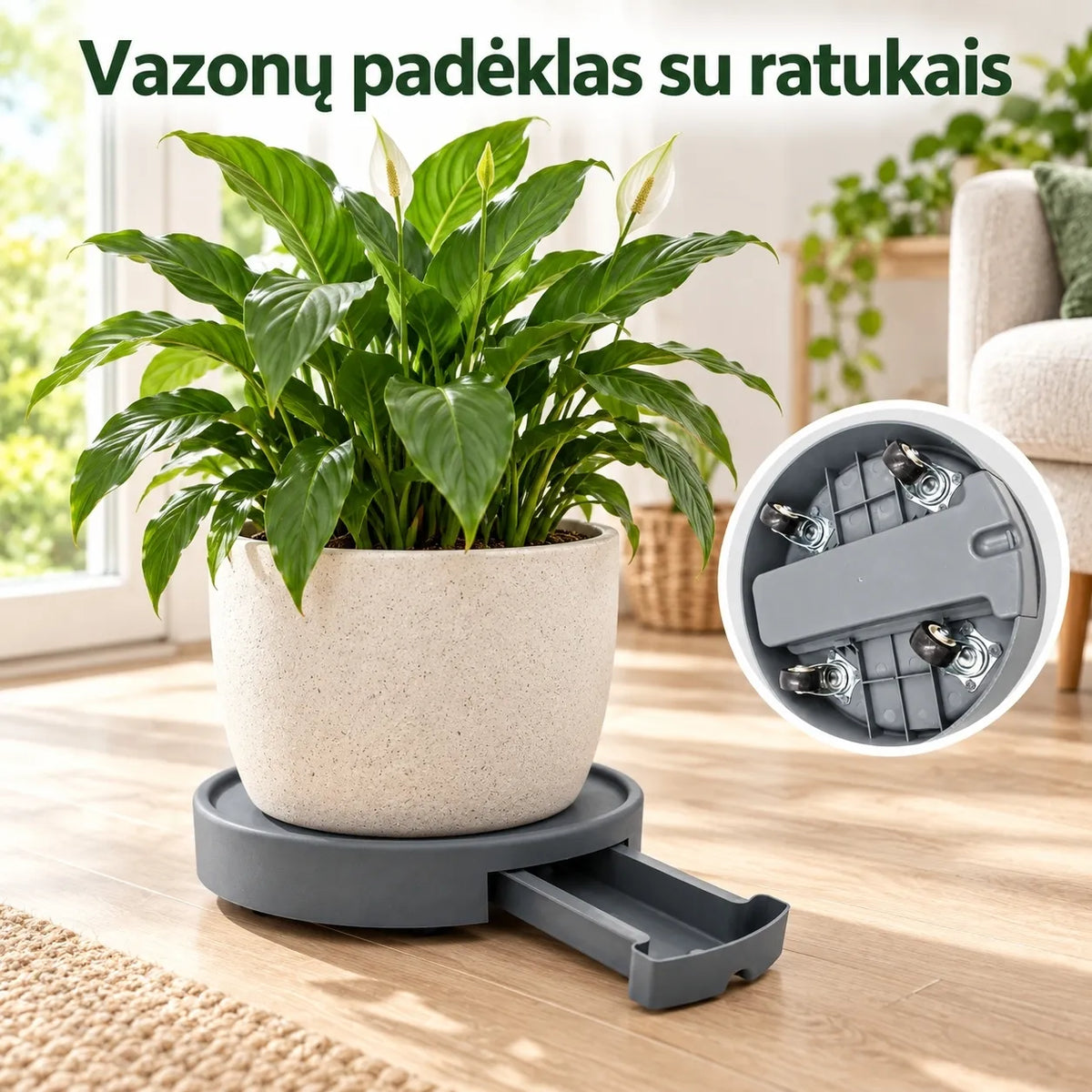 Vazono padėkliukas su ratukais 32 × 6 cm